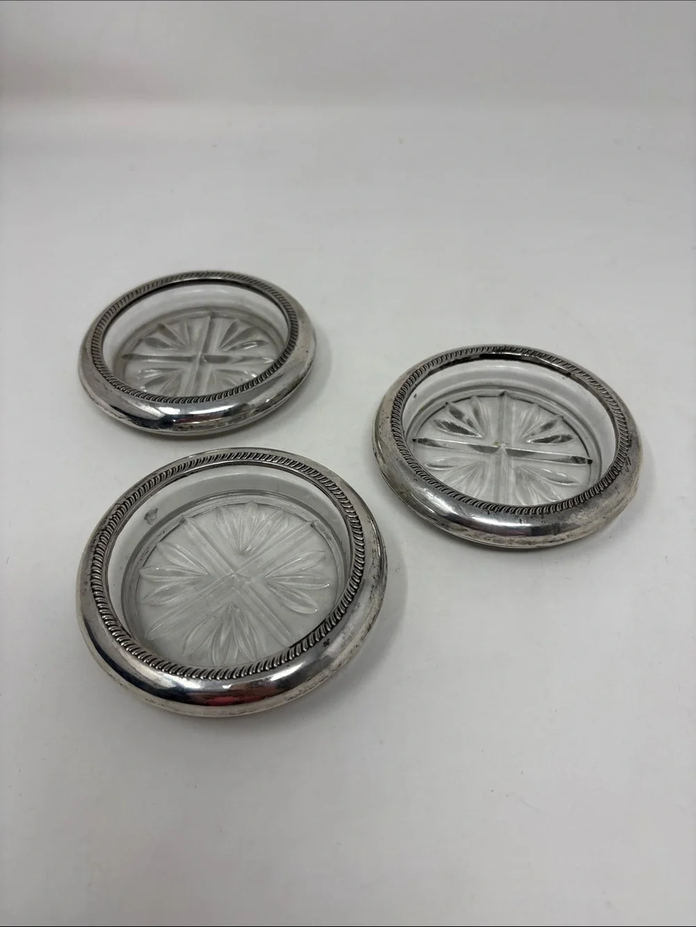 F B ROGERS Vintage Sterling Silver Rimmed Pressed Glass Set of 3 Coasters